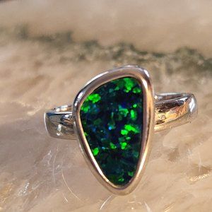 Vintage Sterling Silver Blue Green Opal Ring 6-7/8  4g  Super